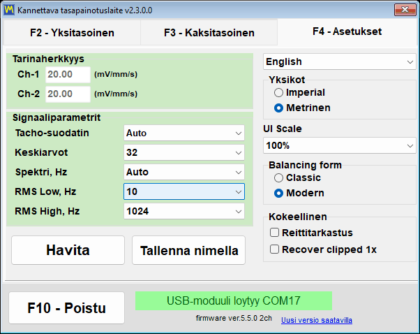 Units-ryhmä asetusvälilehdellä, Imperial valittuna Metric-järjestelmän sijaan
