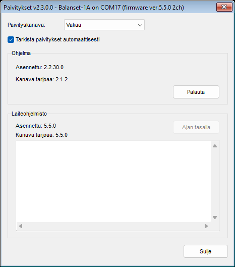 Ikkuna "Updates", Stable-kanava valittuna, näyttäen Program-lohkon ja Firmware-lohkon yhdistetylle laitteelle