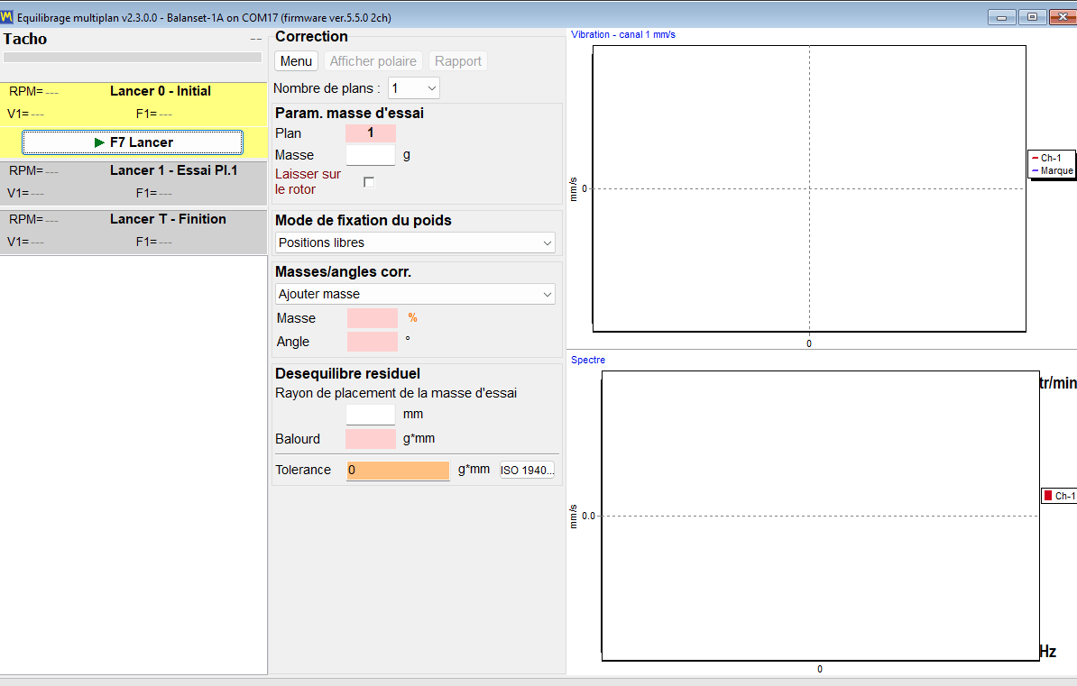 Calcul terminé affichant la masse de correction en grammes et l'angle d'installation en degrés dans chaque colonne de plan