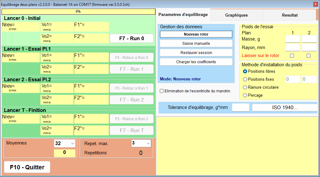 Fenêtre d'équilibrage classique à deux plans avant Run 0, avec des boutons de passage distincts et les champs de masse d'essai pour les deux plans