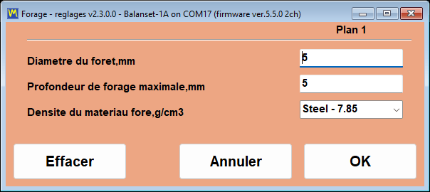 Fenêtre des réglages de perçage avec les champs de diamètre de perçage, de profondeur maximale et de densité du matériau, ainsi que la profondeur, le nombre de trous et l'angle obtenus