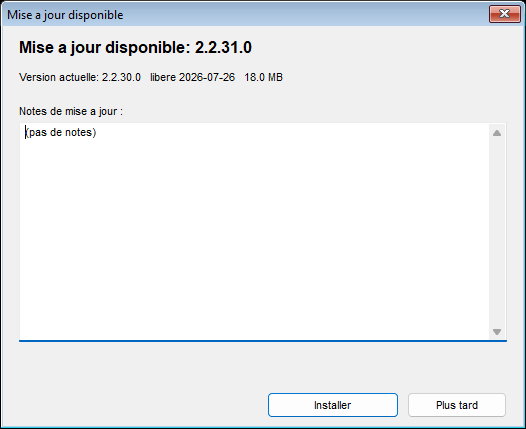 La fenêtre d'installation de la mise à jour listant le nouveau numéro de version, la version actuelle, la date de sortie, la taille du téléchargement et les notes de version