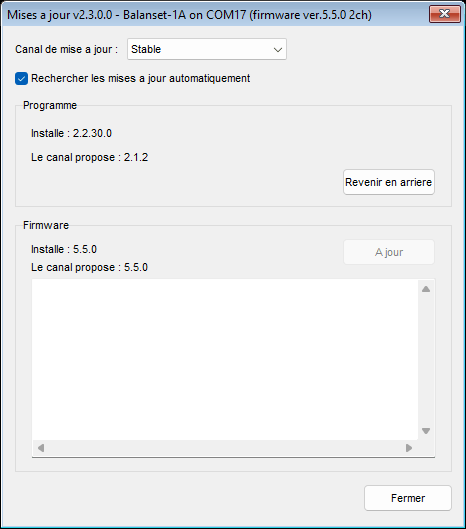 La fenêtre Updates avec le canal Stable sélectionné, montrant le bloc Program et le bloc Firmware pour un appareil connecté