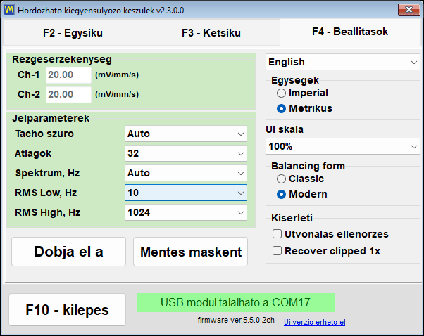 A Units csoport a settings fülön, Angolszász kiválasztva a Metrikus helyett