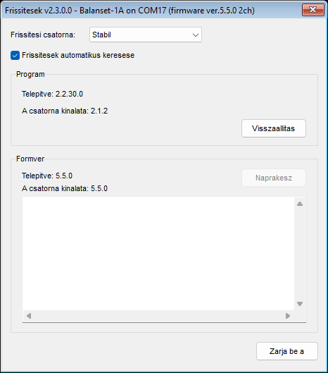 Az Updates ablak a Stable csatorna kiválasztásával, amely a Program blokkot és a Firmware blokkot mutatja egy csatlakoztatott eszközhöz
