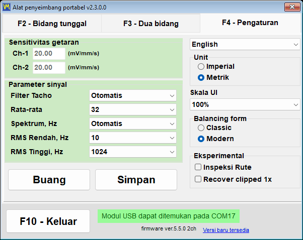 The interface language drop-down list open on the settings tab, with the installed languages written in the Latin alphabet