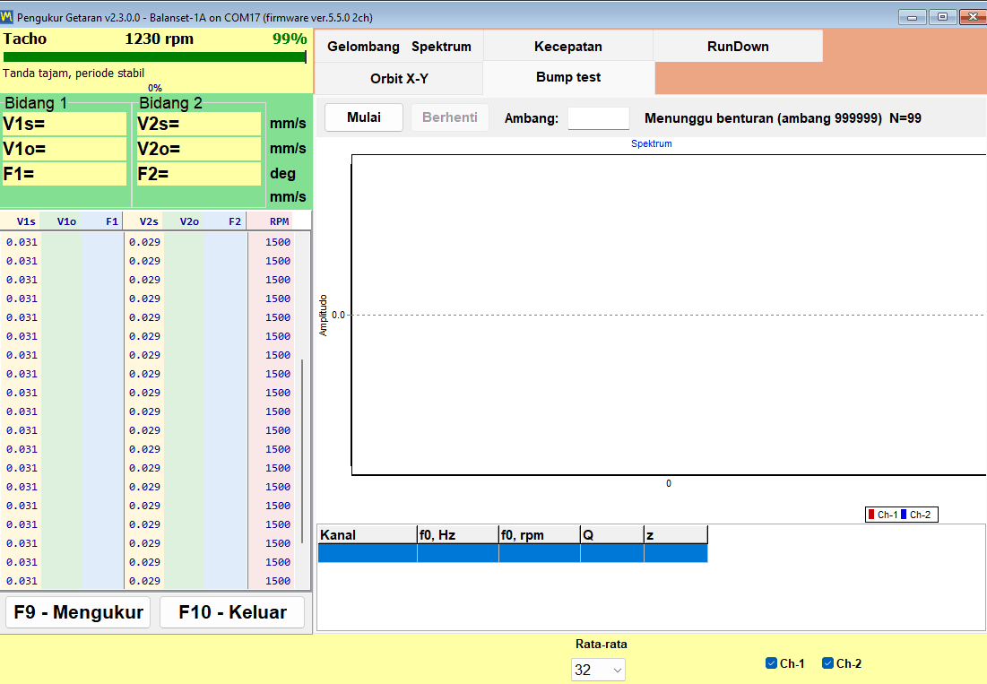 Bump test tab armed and waiting for an impact, with the background level measured and the trigger ready