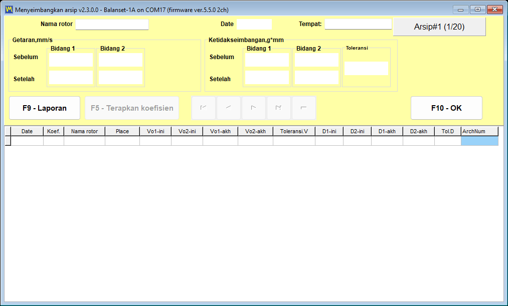Archive window with a record marked by a green V in the Coeff column and the F5 - Apply coefficients button available
