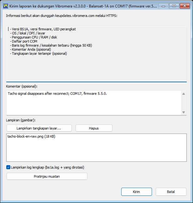 The support report dialog with the comment field, the screenshot attachment list, the full-log checkbox and the payload preview button