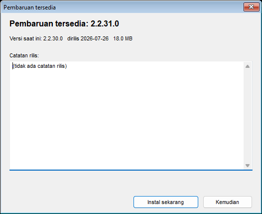 The update installation window listing the new version number, the current version, the release date, the download size and the release notes