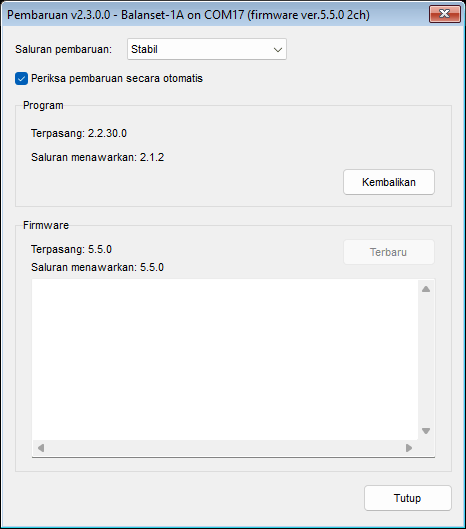 The Updates window with the Stable channel selected, showing the Program block and the Firmware block for a connected device