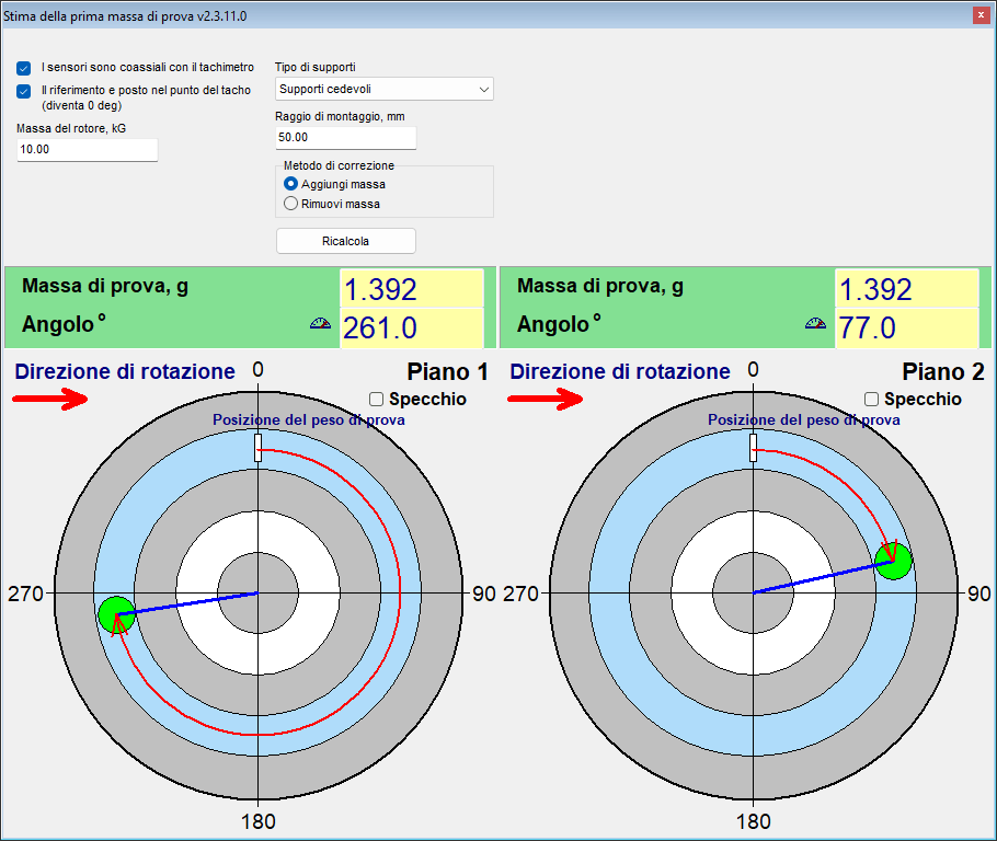 Finestra di dialogo First trial weight estimate che propone una massa di prova in grammi e un angolo di installazione calcolati dai dati di Run 0, dalla massa del rotore e dal tipo di supporti