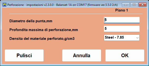 La finestra Drilling – settings con i campi per diametro della punta, profondità massima e densità del materiale, e i valori risultanti di profondità, numero di fori e angolo