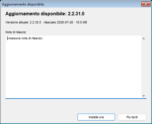 La finestra di installazione dell'aggiornamento con il numero della nuova versione, la versione corrente, la data di rilascio, la dimensione del download e le note di rilascio