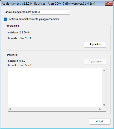 La finestra Updates con il canale Stable selezionato, che mostra il blocco Program e il blocco Firmware per un dispositivo collegato