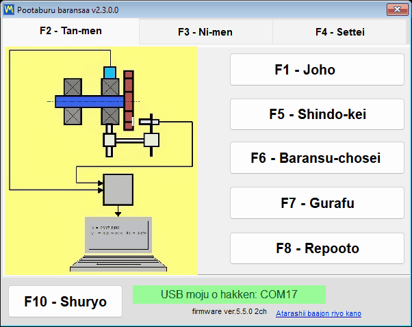Balanset main window with a connected instrument: measurement mode buttons, live channel readouts and the USB status line