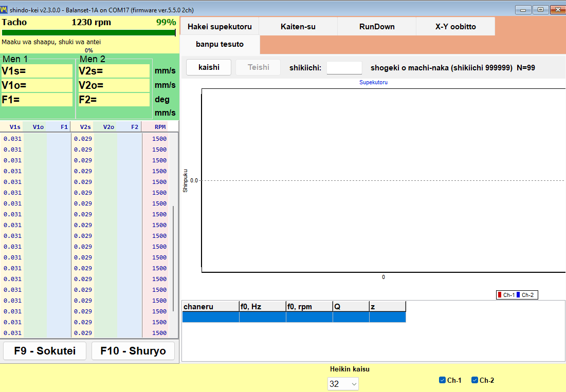 Bump test tab armed and waiting for an impact, with the background level measured and the trigger ready