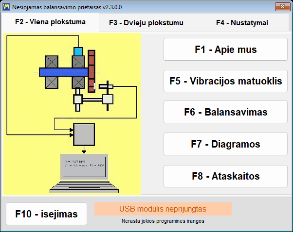 The status bar of the main window reporting that the USB module is not available, with dashes instead of a firmware version