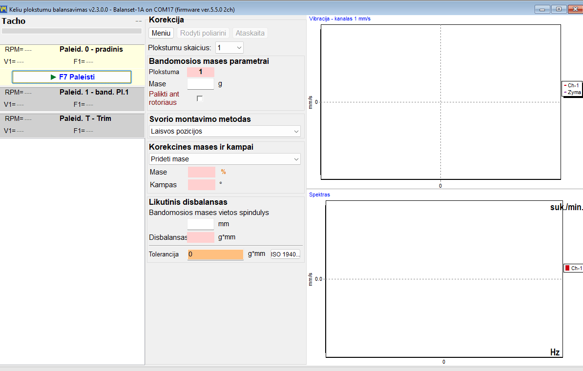 Balancing window with Run 0 already measured and the Run 1 trial mass card active, plane parameters filled in on the left