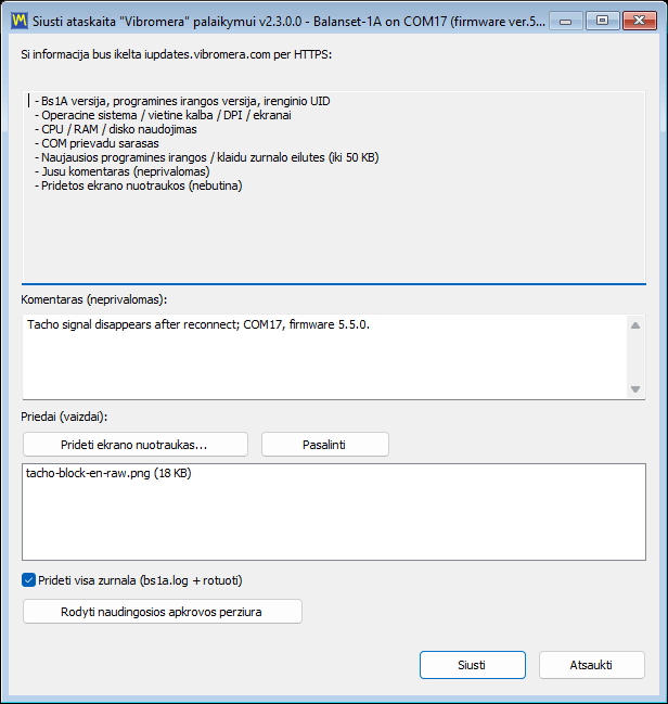 The support report dialog with the comment field, the screenshot attachment list, the full-log checkbox and the payload preview button