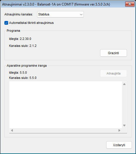 The Updates window with the Stable channel selected, showing the Program block and the Firmware block for a connected device