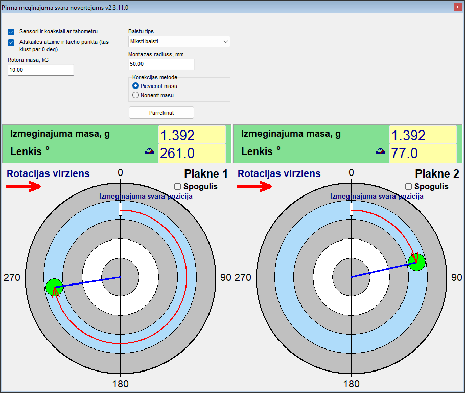 First trial weight estimate dialog proposing a trial mass in grams and an installation angle calculated from the Run 0 data, the rotor mass and the support type