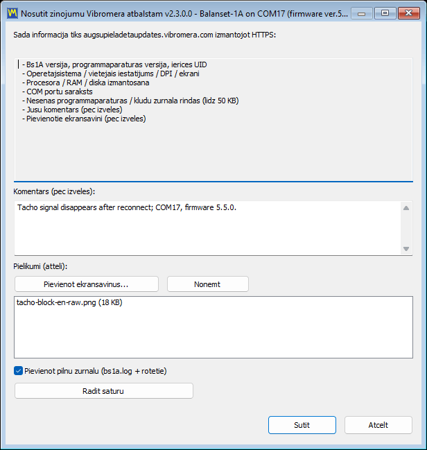The support report dialog with the comment field, the screenshot attachment list, the full-log checkbox and the payload preview button