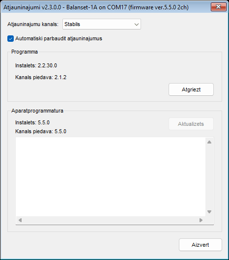 The Updates window with the Stable channel selected, showing the Program block and the Firmware block for a connected device