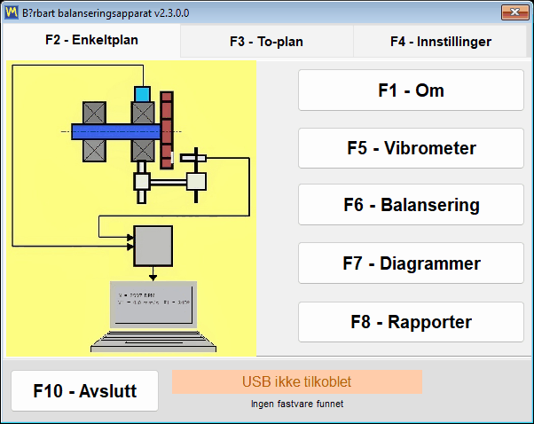 The status bar of the main window reporting that the USB module is not available, with dashes instead of a firmware version