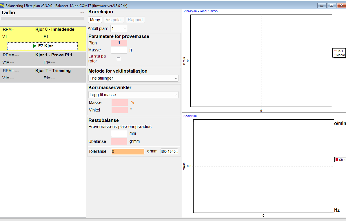 Finished calculation showing the correction mass in grams and the installation angle in degrees in each plane column