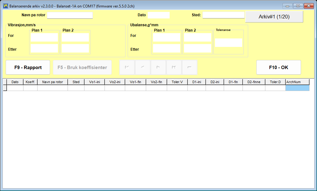 Archive window with a record marked by a green V in the Coeff column and the F5 - Apply coefficients button available