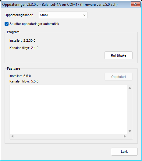The Updates window with the Stable channel selected, showing the Program block and the Firmware block for a connected device