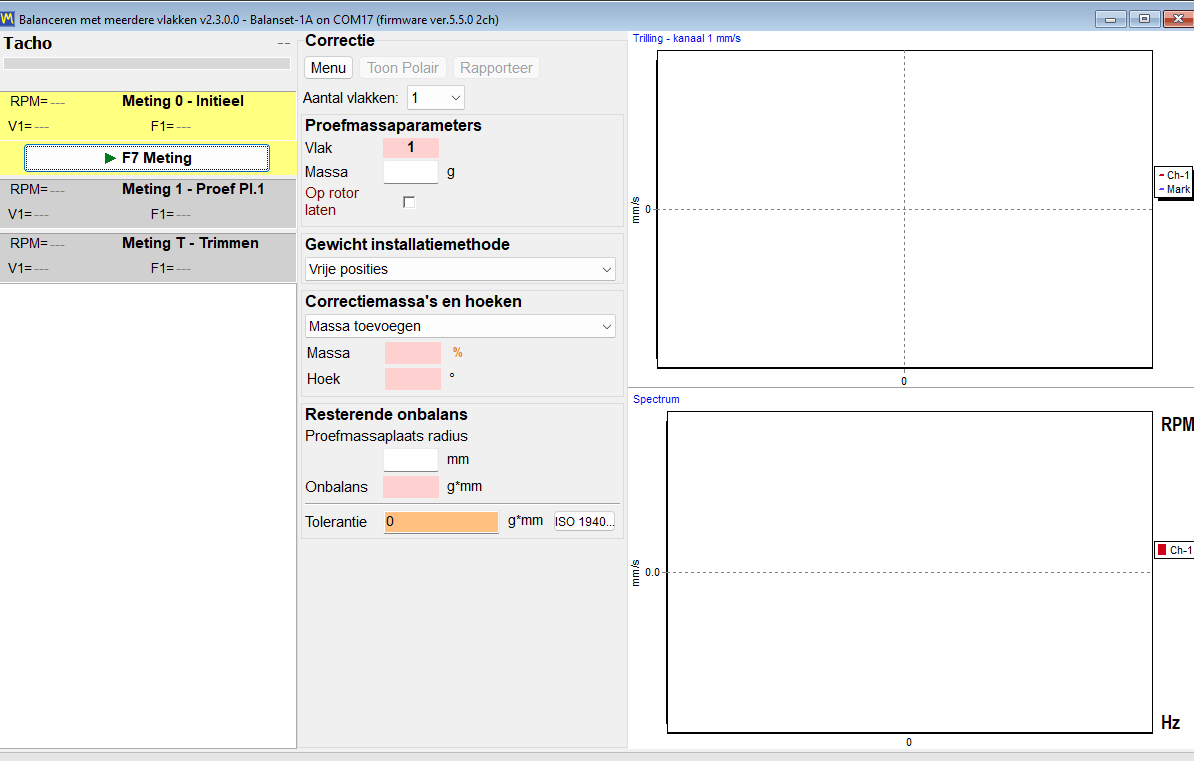 Finished calculation showing the correction mass in grams and the installation angle in degrees in each plane column