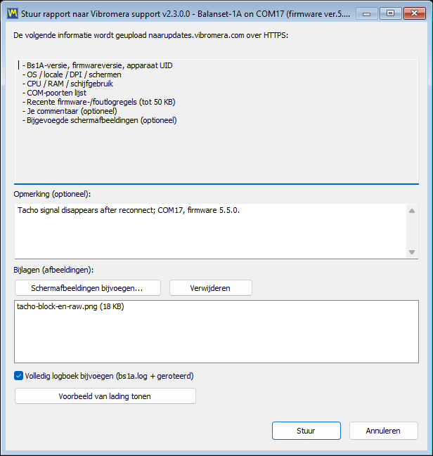 The support report dialog with the comment field, the screenshot attachment list, the full-log checkbox and the payload preview button