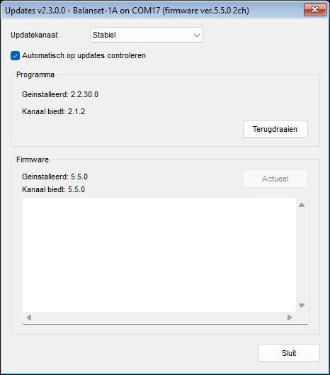 The Updates window with the Stable channel selected, showing the Program block and the Firmware block for a connected device