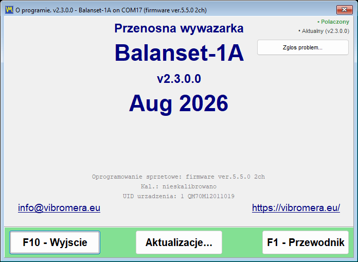 Okno About z wersją programu, wersją oprogramowania sprzętowego urządzenia, stanem kalibracji, Device UID i datą kompilacji