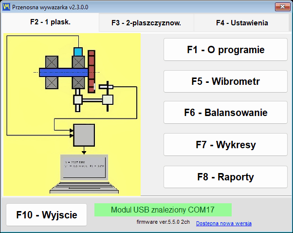 Zielony pasek stanu USB pokazujący podłączony moduł Balanset, jego port COM i wersję oprogramowania sprzętowego