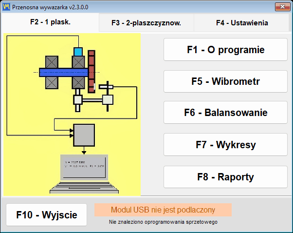 Pasek stanu okna głównego informujący, że moduł USB jest niedostępny, z myślnikami zamiast wersji oprogramowania sprzętowego