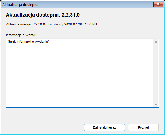 Okno instalacji aktualizacji z numerem nowej wersji, wersją bieżącą, datą wydania, rozmiarem pobierania i informacjami o wydaniu