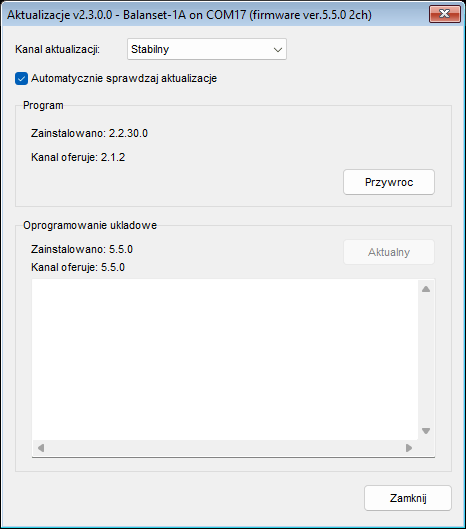 Okno Updates z wybranym kanałem Stable, pokazujące blok Program i blok Firmware dla podłączonego urządzenia