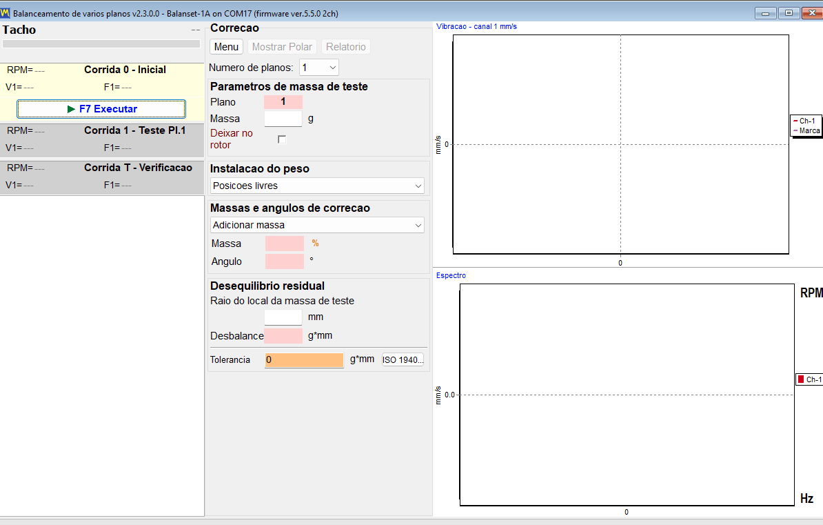 Finished calculation showing the correction mass in grams and the installation angle in degrees in each plane column