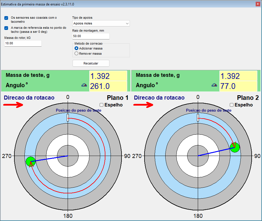 First trial weight estimate window of the Balanset software: rotor mass, support type and radius as inputs, suggested trial mass and angle drawn on polar diagrams