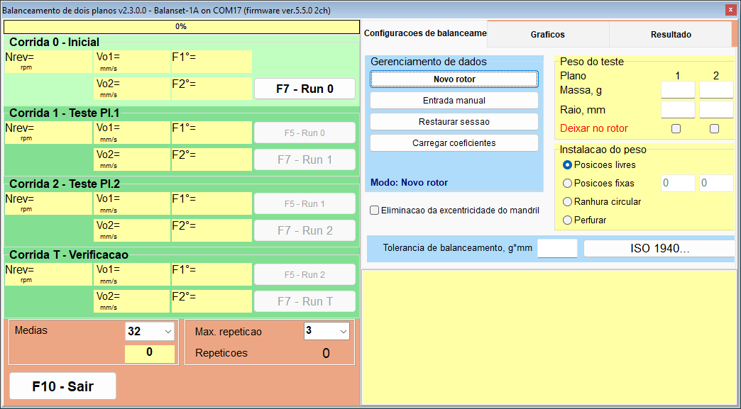 The classic two-plane balancing window before Run 0, with separate run buttons and the trial mass fields for both planes