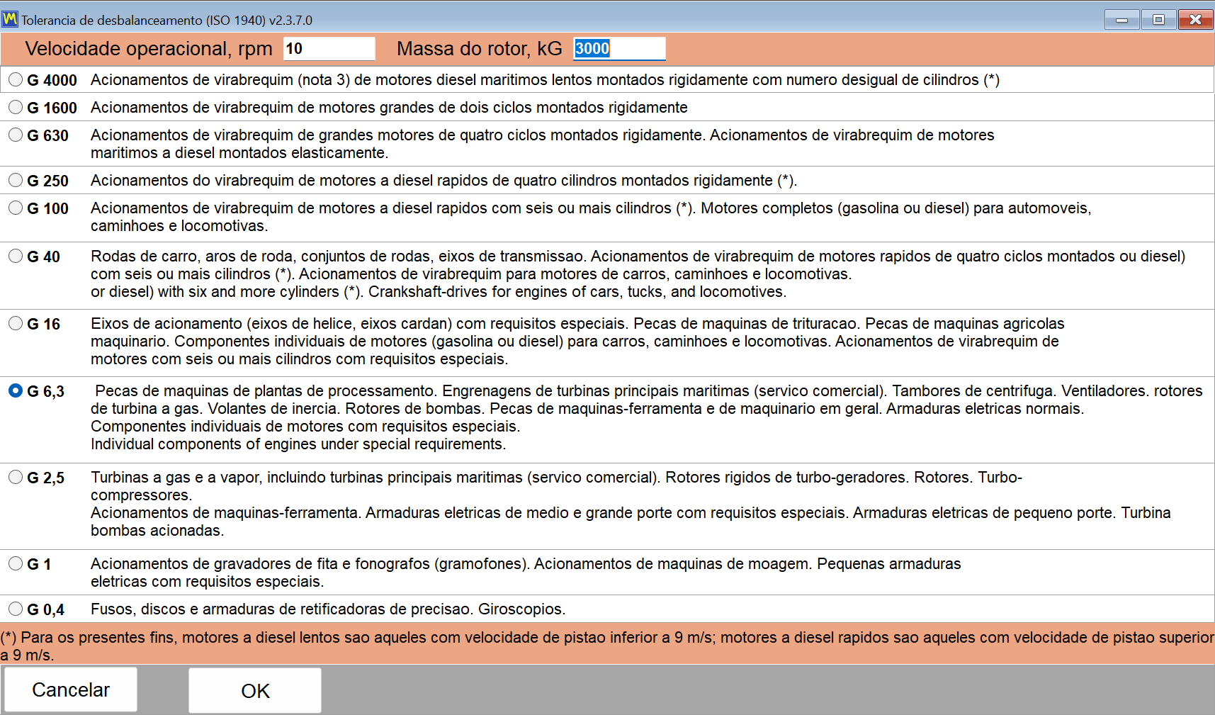 The ISO 1940 tolerance window with the list of balance quality grades, the rotor mass field and the operating speed field