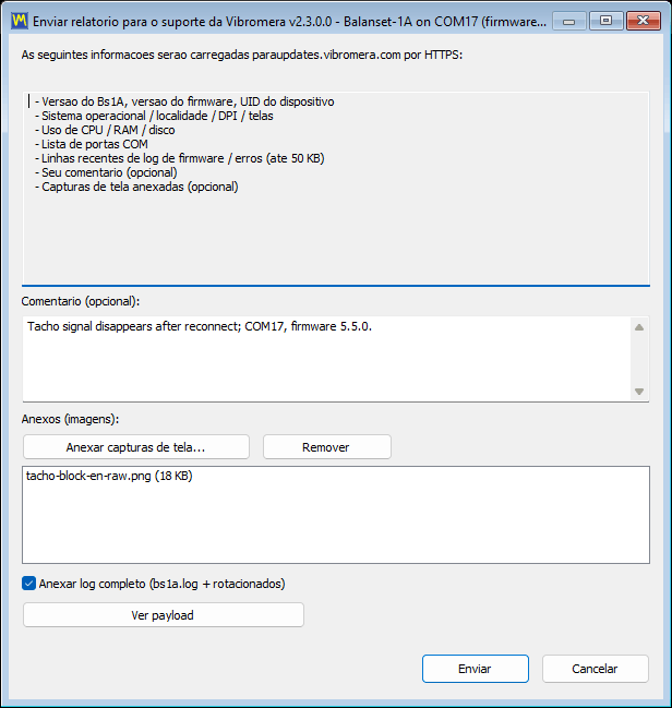 The support report dialog with the comment field, the screenshot attachment list, the full-log checkbox and the payload preview button