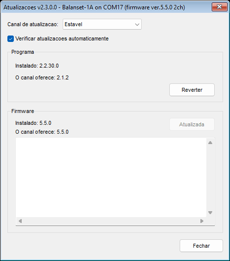 The Updates window with the Stable channel selected, showing the Program block and the Firmware block for a connected device