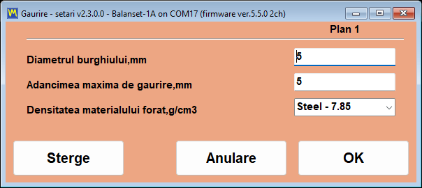 Fereastra Drilling – settings, cu câmpuri pentru diametrul burghiului, adâncimea maximă și densitatea materialului, precum și adâncimea, numărul de găuri și unghiul rezultate