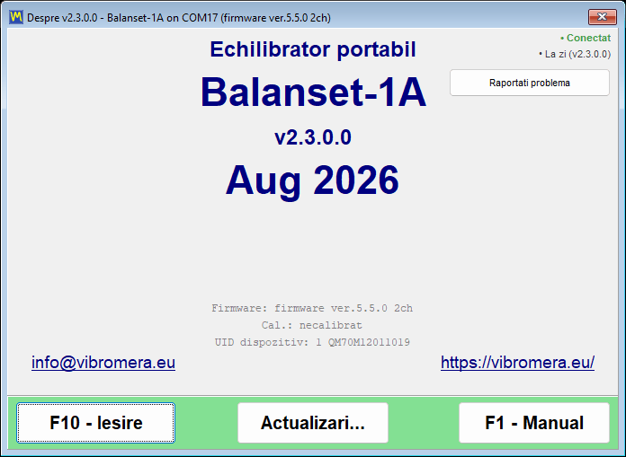 Fereastra About, cu indicatorii serverului de actualizări arătând un server conectat și o instalare la zi