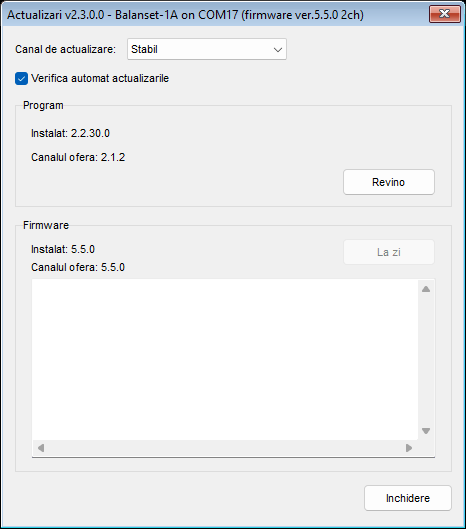 Fereastra Updates, cu canalul Stable selectat, afișând blocul Program și blocul Firmware pentru un dispozitiv conectat
