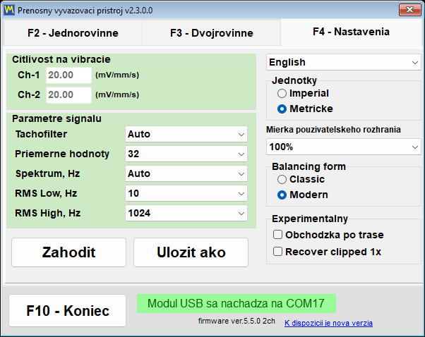 Skupina Balancing form na karte nastavení, s hodnotami Classic a Modern na výber